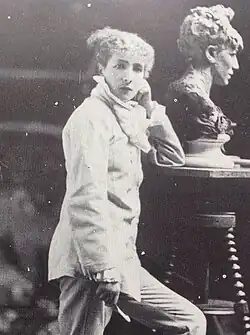 Bernhardt with her 1878 bust of Medea in her sculpture studio in Montmartre, Paris