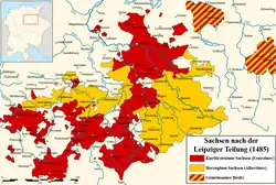 Ernestine (red) and Albertine (yellow) domains upon the Treaty of Leipzig (1485)