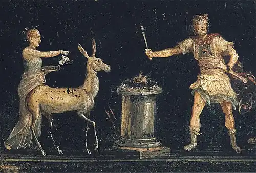 Scene from sacrifice in honour of Artemis-Diana who is accompanied by a deer. Fresco from the triclinium of the house of Vettii in Pompeii, Italy, between 62 CE and 79 CE (Destruction of Pompeii).