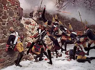 Painting of Prussian grenadiers fighting at a stone wall at the Battle of Leuthen