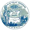 A blue seal that contains a Native American, a beaver, a ship, an eagle, five stars along the bottom, and the Latin phrase Alis Volat Propriis across the top.