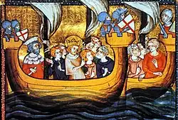 Manuscript illumination of a fleet manned with men, including one wearing a crown