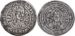 Trilingual coin of Tegin Shah towards the end of his reign. Tokharistan, 728 CE.