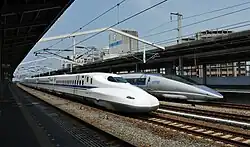 Two types of Shinkansen high-speed trains in Japan