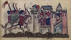 Colorful medieval depiction of a simplified battle scene, showing towers with outsized people looking out the windows, and armed Mongols approaching on horses.