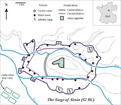 A map of the fortifications Caesar built in Alesia