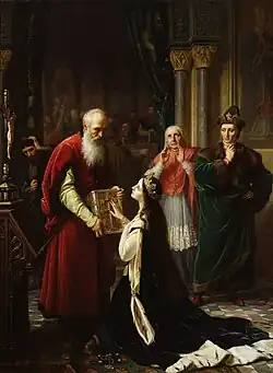 A crowned young woman on her knees with her hand on the Bible, which is held by an old bearded man