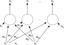 A single-layer feedforward artificial neural network. Arrows originating from x 2 {\displaystyle x_{2}} are omitted for clarity. There are p inputs to this network and q outputs. In this system, the value of the qth output, y q {\displaystyle y_{q}} , is calculated as y q = K ⋅ ( ∑ i ( x i w i q ) − b q ) . {\displaystyle y_{q}=K\cdot \left(\sum _{i}(x_{i}w_{iq})-b_{q}\right).}