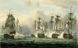 Coloured print of a naval battle between sailing ships. Four ships seen stern on in the right of the picture, obscured by clouds of smoke, a fifth ship seen bow on in the left.