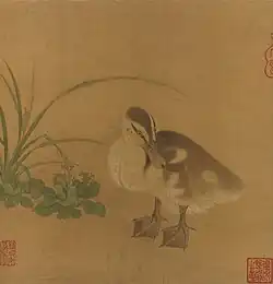 A square painting of a duckling with a grey back, white underbelly, and yellow-tinted face. The duckling is looking down towards the lower, right hand corner.