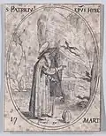 St. Patrick, wearing a cloak and hat, and holding a staff, gives his blessing as snakes slither away.