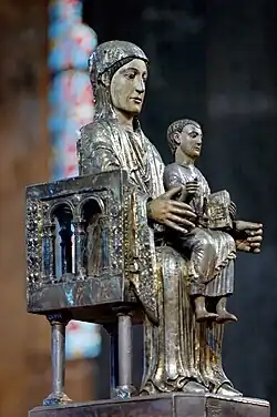 Romanesque&nbsp;– Mary as Seat of Wisdom, 12th century, walnut, silver, silvered copper and polychrome, Basilique Notre-Dame d'Orcival&nbsp;[fr], Orcival, France[24]