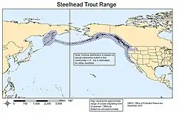 A map titled Steelhead Trout Range with the fish range shaded across the northern Pacific Ocean from the Kamchatka Peninsula through the Aleutian Islands and down the western edge of Canada and the United States with additional shading into the continent through the U.S. states of Washington, Oregon, and Idaho. One note reads: Inshore distribution is based on actual watershed extent in the continental U.S., but is estimated for other countries. A second note reads: Map represents approximate range of ocean-migrating form of species. Offshore distances are approximate. The map was published in December 2007 by NMFS, Office of Protected Resources.