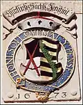 A coat of arms of the Elector of Saxony, over the entrance to the Electoral Hall in Stolpen (Saxony state, Germany).
