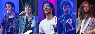 A collage of the band's five members performing live.