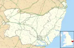 A map showing the location of Hoxne on the northern border of Suffolk in eastern England.