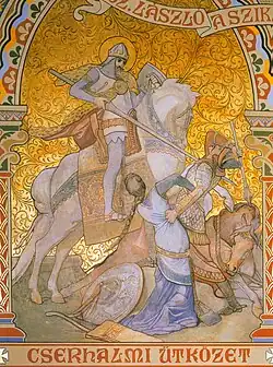 The depiction of the Battle of Cserhalom in the Saint Ladislaus chapel, Matthias Church (Budapest, Hungary) (painting by Károly Lotz, 19th century). King Saint Ladislaus of Hungary saves the kidnapped Hungarian girl from a Cuman warrior.