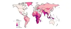 Map showing the rate of TB deaths worldwide in HIV-negative people, by country, 2023.[54]