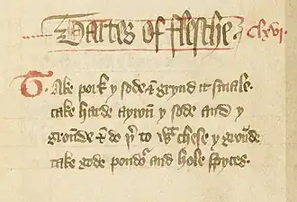 Recipe for "tartes of flessh" in medieval script
