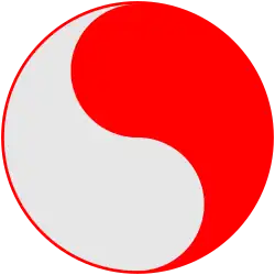 Circular symbol with two curved sections, one white and one red