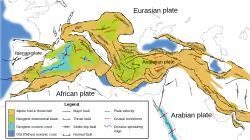 Map shows the location of subduction zones and extensional features of the western Alpine-Himalayan orogenic belt.