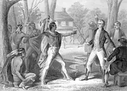 Tecumseh and Harrison facing each other with weapons drawn