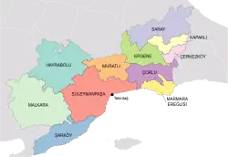 Map showing Çorlu District in Tekirdağ Province