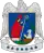 A coat of arms depicting a bishop in brown robes with a brown mitre on his head surrounded by a golden halo looking at another man