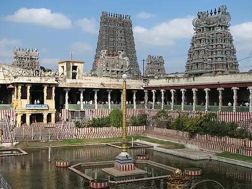 The armies of the Delhi Sultanate led by their Delhi Sultanate commander Malik Kafur demolished and plundered the Meenakshi Temple of Madurai and looted it of all its wealth.[258][259][260]