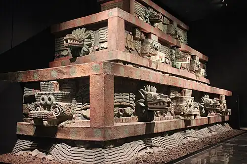 Facade of the Temple of the Feathered Serpent (detail reconstruction), Teotihuacan, Mexico, c.225[79]