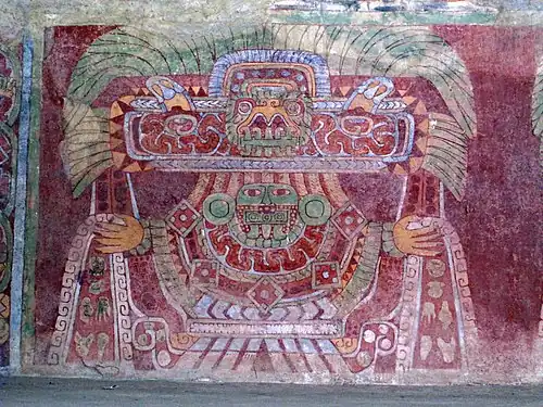 Teotihuacan mural from the Tetitla apartment compound, depicting what has been identified as the Great Goddess of Teotihuacan, mid-1st millenium AD