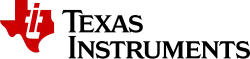 The Texas Instruments logo has two components: The written company name and a graphical logo at the top left. The company name Texas Instruments is written across two lines in small caps. The black lettering is centered along the vertical axis. Above the letters Ins of Instruments is a graphical component: The graphic features an approximate outline of the state of Texas using a conformal map projection aligned north. The area is filled with red color. At the top of this area, however, there is an indentation of the shape of the lower-case letter T. Within the blank area of this letter T another red-colored letter, the lower-case letter I, is embedded.