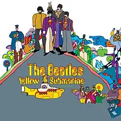 A colorful cartoon-style drawing of the Beatles and other characters from the Yellow Submarine film