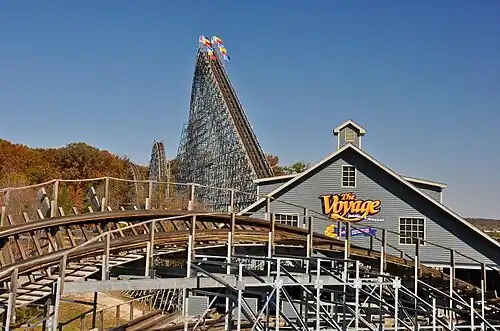 View of the station, lift hill, and other ride elements on The Voyage