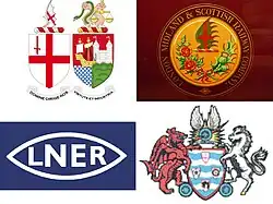 Four coats of arms as images: top left, the City of London and Bristol coats of arms together; top right: a circular design with the company name on the outside and heraldric symbols within; bottom left, a minimalist design of LNER within an oval with sharp edges; bottom right: a coat of arms with a dragon and horse alongside a crest