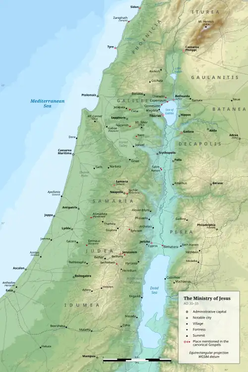 Topographical map of Palestine in the 1st century highlighting places mentioned in the canonical gospels.