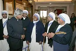 Indian president A.P.J. Abdul Kalam meeting with sisters from the Mother Teresa Mission of Charity at Athens on 27 April 2007. These sisters are engaged in running old age homes in Greece.