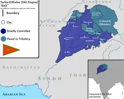The Sikh Empire c. 1843 at its greatest territorial extent.