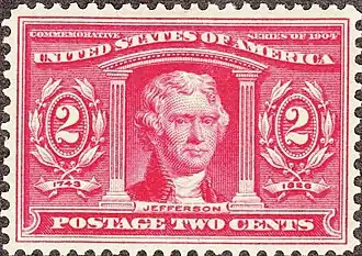 Jefferson on the first presidential Commemorative stamp, 1904 issue. Jefferson has appeared on numerous US postage stamps,