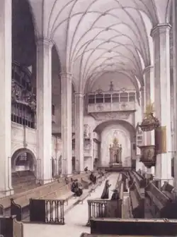 Interior of the Thomaskirche, location of the first performance, black-and-white look along the nave
