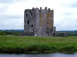 A massive, roofless four storey medieval stone tower sits amid grass and trees. On one side the stones are stained with orange lichen.