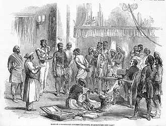 A sketch of a handcuffed individual surrounded by onlookers, effusively addressing someone held under guard. Clerks are taking notes next to a seated Westerner.