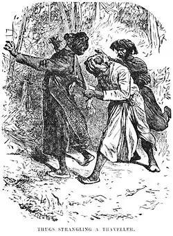 An individual garottes a struggling victim from behind while another rushes in