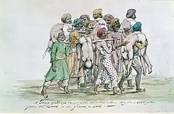 A watercolour depicting a group of men carrying corpses over their shoulders, some of them on bamboo rods