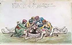 A watercolour of a group of men gathered over a well, stabbing the eyes of their victims