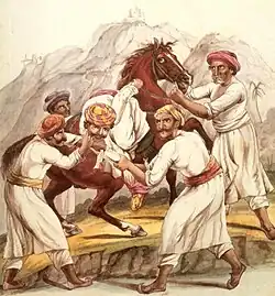 A watercolour in which two men pull their victim off a horse with a garotte while two others attempt to control the horse