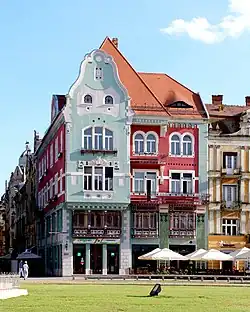 Brück House in Timișoara, today in Romania (1911). Along with Oradea, Timișoara is part of the Art Nouveau European Route[93]