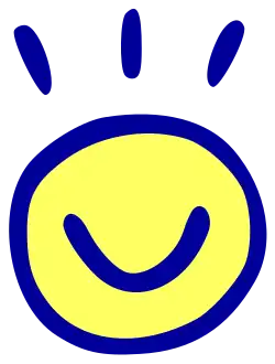 Logo of Toki Pona. It is composed of a circle with three lines emitting from above at 330°,0° and 30°, with an inscribed smile inside. The outlines are colored navy blue and the circle is filled in with a light yellow.