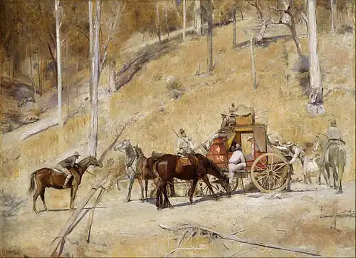 Tom Roberts' 1895 painting Bailed Up depicts a Cobb & Co hold up from the 1860s
