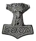 Drawing of a silver-gilted Thor's hammer found in Scania, Sweden